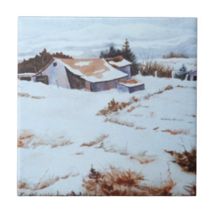 Original watercolor Winter barn landscape Tile