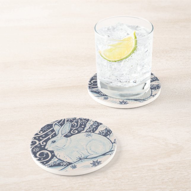 Original Winter Christmas Rabbit Blue & White Coaster (Side)