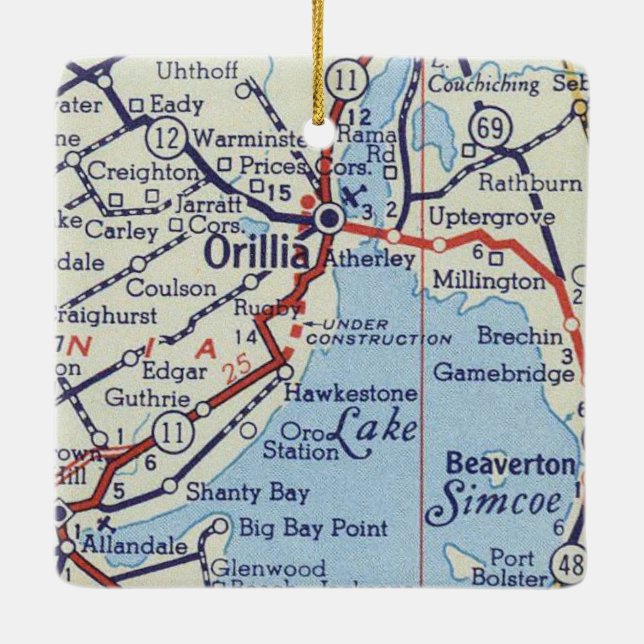 Orillia ON Vintage Map Ceramic Ornament (Back)