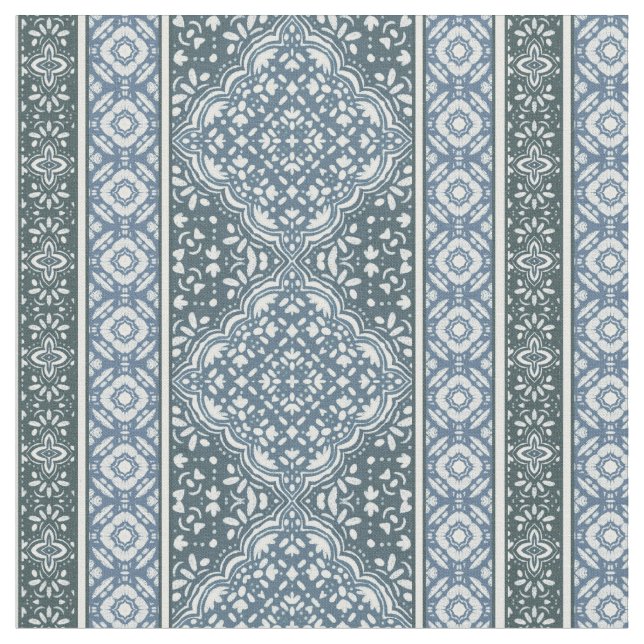 Orion Blue Decorative Boho Tile Pattern Fabric (Close Up)