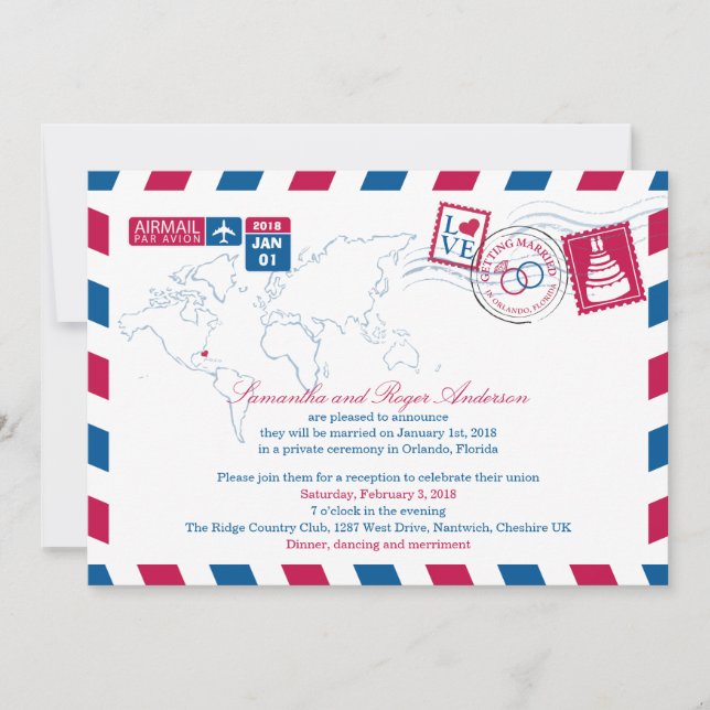 Orlando Florida Airmail Post Wedding Reception Invitation (Front)