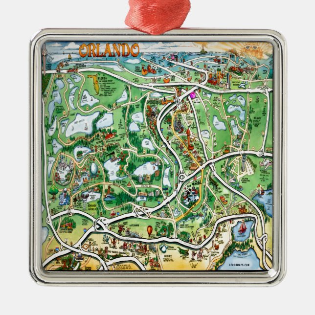 Orlando Florida Cartoon Map Metal Tree Decoration (Front)