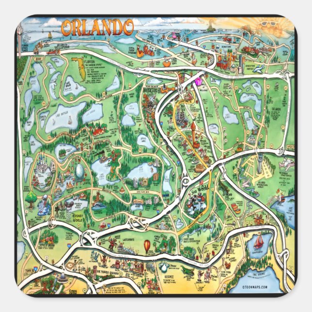 Orlando Florida Cartoon Map Square Sticker (Front)