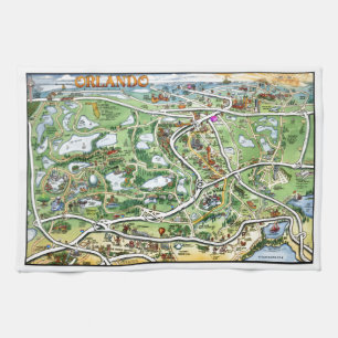 Orlando Florida Cartoon Map Tea Towel