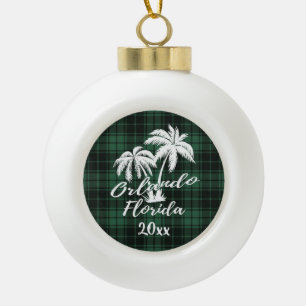 Orlando Florida Palm Tree Green Plaid Ceramic Ball Christmas Ornament