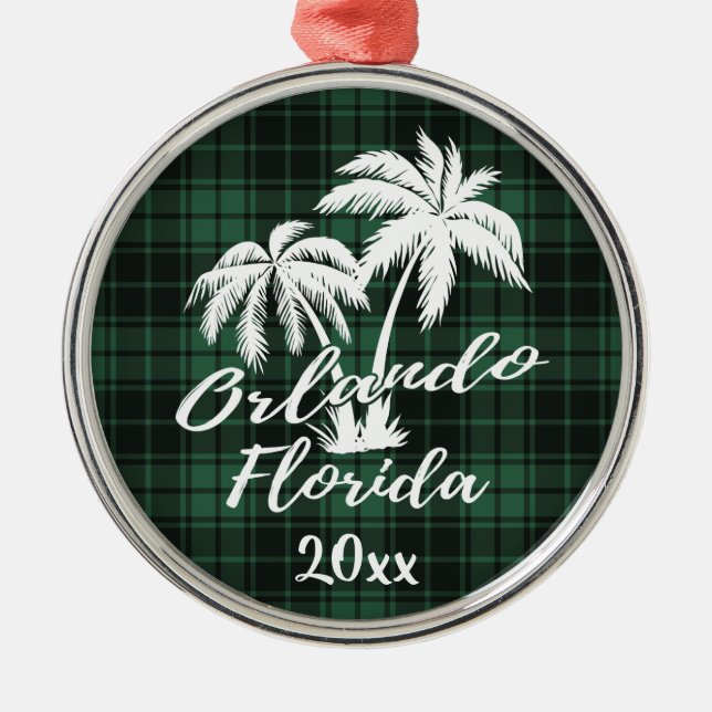 Orlando Florida Palm Tree Green Plaid Metal Tree Decoration (Front)