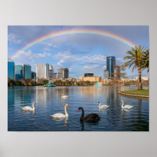 Orlando Florida Skyline Lake Eola Rainbow & Swans Poster
