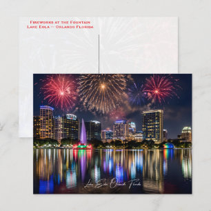 Orlando Florida Skyline with Lake Eola Fireworks Postcard
