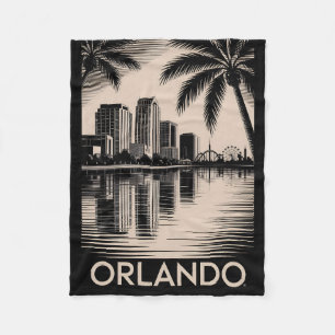 Orlando Skyline Black and White Woodcut Lake Eola Fleece Blanket