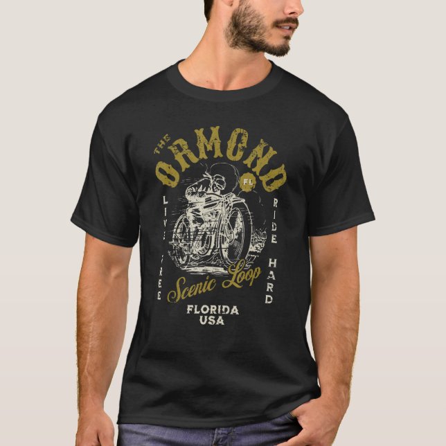 Ormond Scenic Loop Florida Motorcycle Ride Distres T-Shirt (Front)