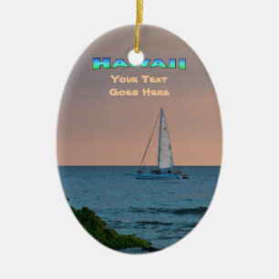 Ornament: Blue Catamaran Sunset (Oval) Ceramic Tree Decoration