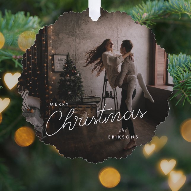 Ornament Card | Modern Trendy Christmas Photo (Modern trendy couple ornament card by Guava, featuring white script over dark dusky photo design)