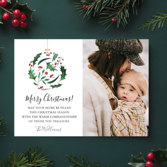 Ornament Christmas Floral Ball Family Photo Holiday Card (Creator Uploaded)