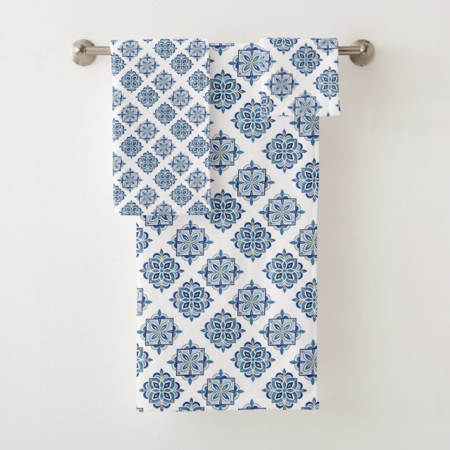Ornament embroidered blue on white bath towel set (Insitu)