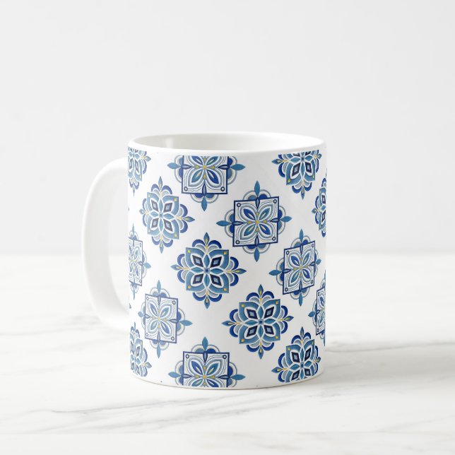Ornament embroidered blue on white coffee mug (Front Left)