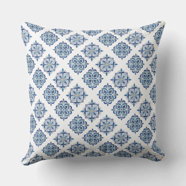 Ornament embroidered blue on white cushion (Back)