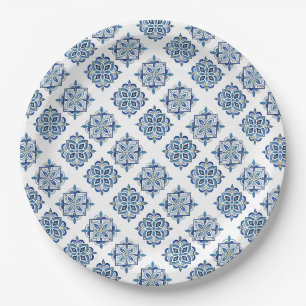 Ornament embroidered blue on white paper plate