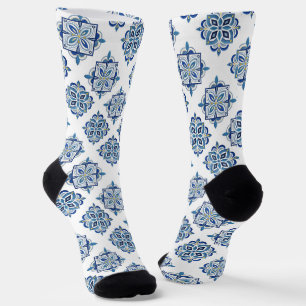 Ornament embroidered blue on white socks