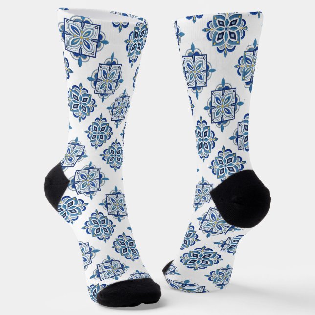 Ornament embroidered blue on white socks (Angled)