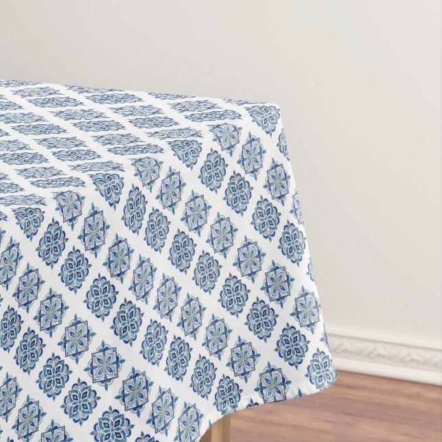 Ornament embroidered blue on white tablecloth (In Situ)