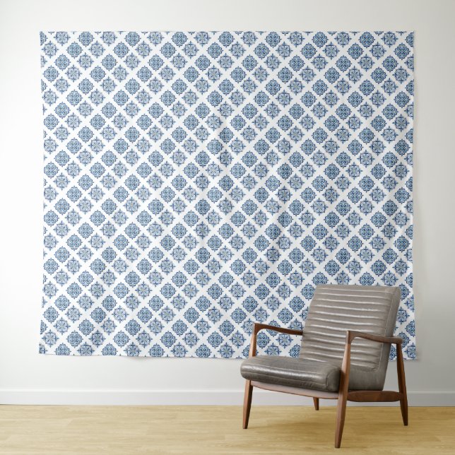 Ornament embroidered blue on white tapestry (In Situ (Horizontal))