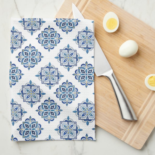 Ornament embroidered blue on white tea towel (Quarter Fold)