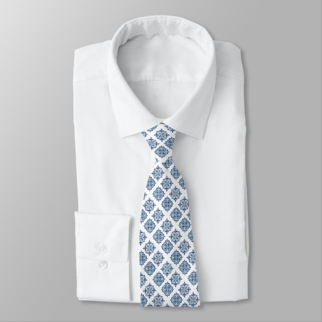 Ornament embroidered blue on white tie (Tied)