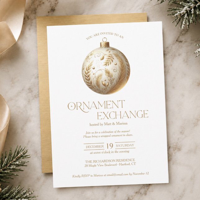 Ornament Exchange Holiday Party Invitation (chic elegant white and gold ornament exchange Christmas holiday invitation)