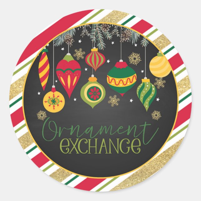 Ornament Exchange Party Round Sticker - Blk (Front)