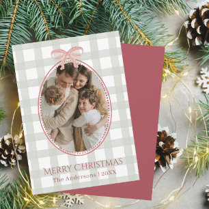 Ornament Frame Gingham Family Photo Christmas Card