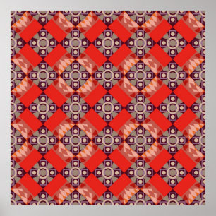 Ornament in brown, beige and red colours. Embroide Poster