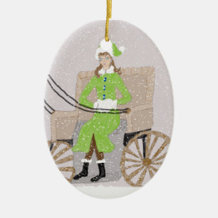 Ornament, Lady in a Buggy in Snow Ceramic Tree Decoration