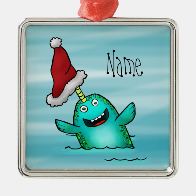 Ornament, Name Template Cute Narwhal Santa Metal Tree Decoration (Front)