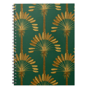Ornament of Golden palm trees on a green backgroun Notebook