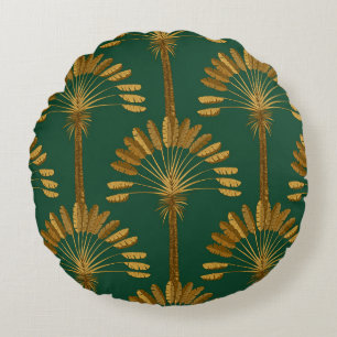 Ornament of Golden palm trees on a green backgroun Round Cushion