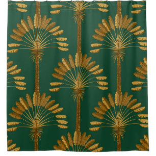 Ornament of Golden palm trees on a green backgroun Shower Curtain