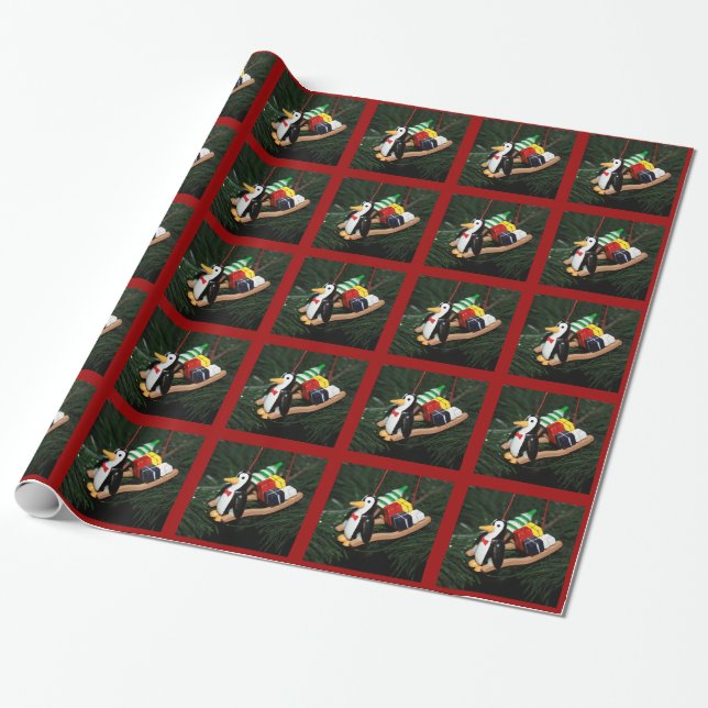 Ornament - Penguin & Christmas Sled Wrapping Paper (Unrolled)