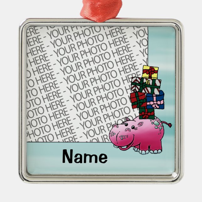 Ornament, Photo & Name Template Cute Hippo & Gifts Metal Tree Decoration (Front)