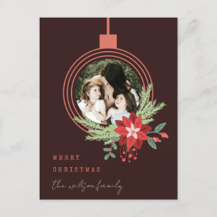 Ornament Photo Poinsettia Brown Merry Christmas Holiday Postcard