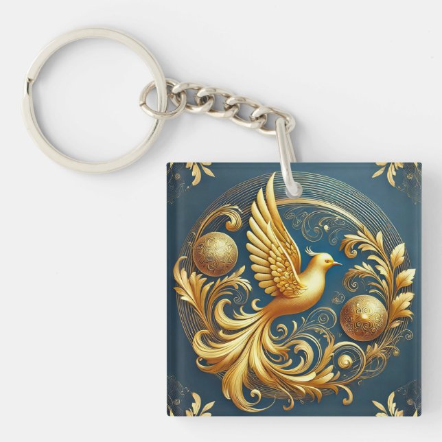 Ornamental Bird Gold Emblem Charm Key Ring (Front)