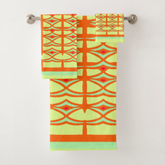 Ornamental birds on grid bath towel set