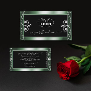 Ornamental Black Green Sparkle Diamonds with Logo Business Card