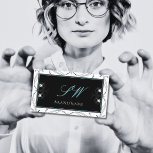 Ornamental Black White Sparkling Diamonds Initials Business Card