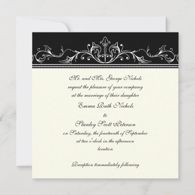 Ornamental border black white wedding invitation (Front)