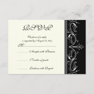 Ornamental border black white wedding RSVP card