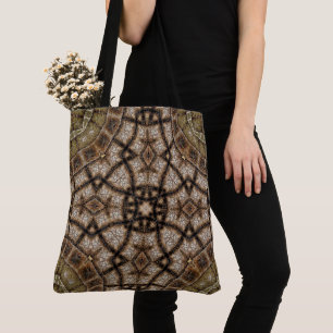 Ornamental Brown and Green Stained Glass Mandala Tote Bag
