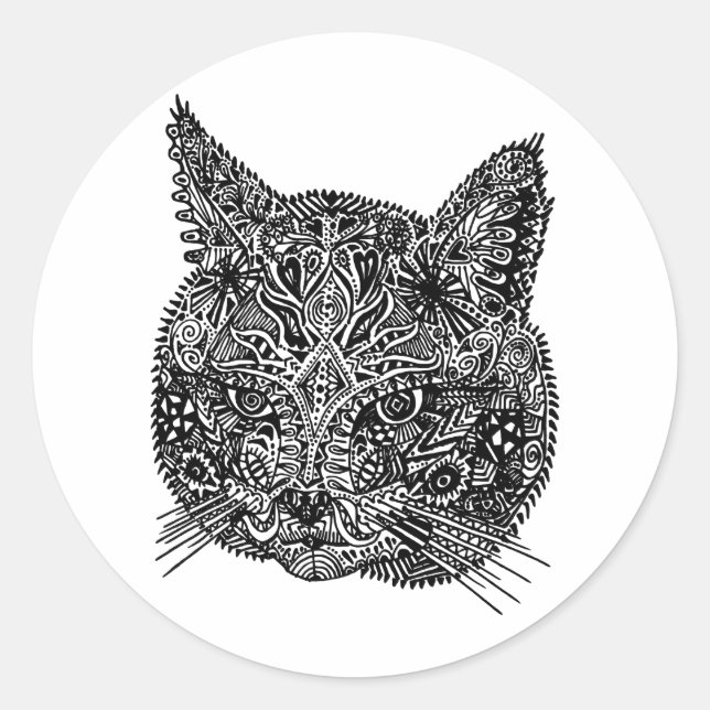 Ornamental Cat Head  Classic Round Sticker (Front)
