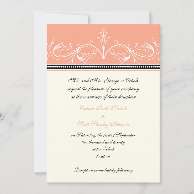 Ornamental coral white custom wedding invitation (Front)