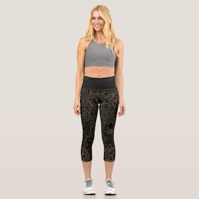 Ornamental Damask Brown Floral Pattern Capri Leggings (Front)
