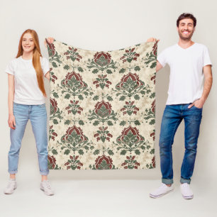Ornamental Damask Red Green Vintage Texture Fleece Blanket